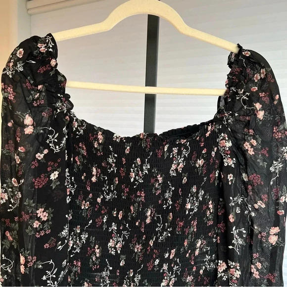 Reformation Pinto Floral Smocked Long Sleeve Blouse Black Small Contemporary - Picture 2 of 5